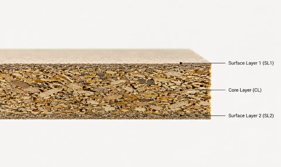 Particle board cross-section showing three-layer structure