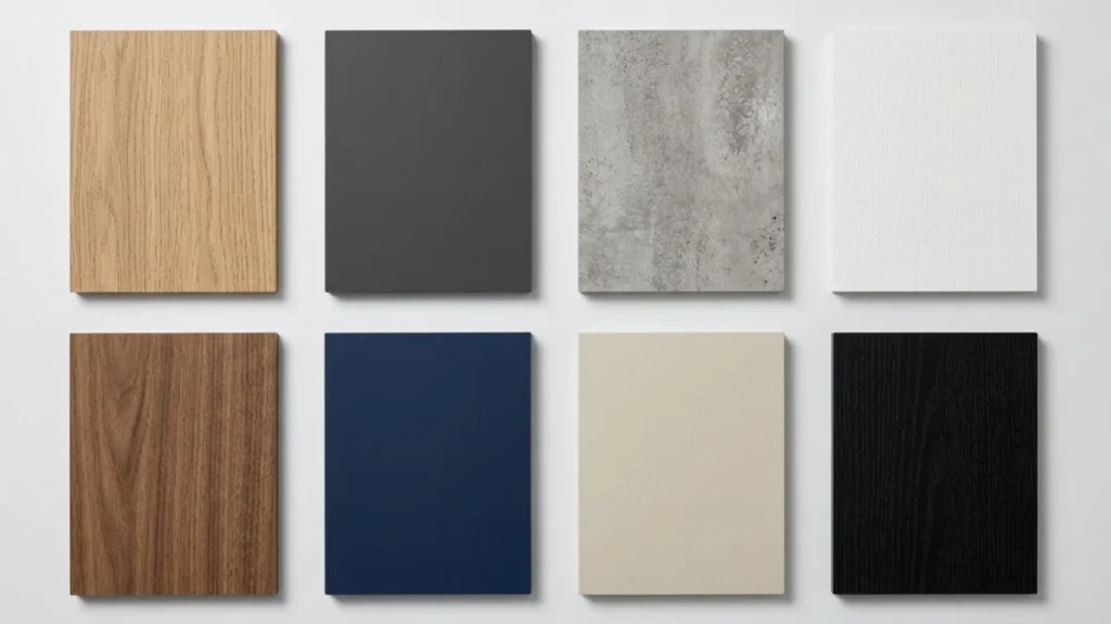 Melamine board colours swatches showing woodgrain, solid, and stone finishes