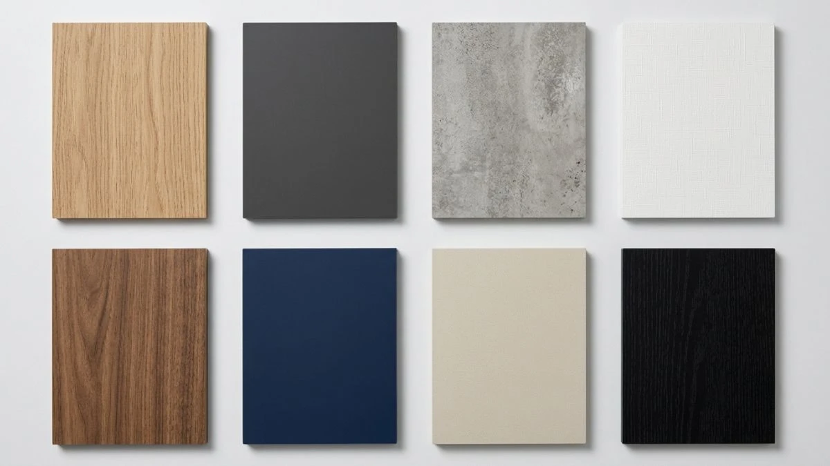 Melamine board colours swatches showing woodgrain, solid, and stone finishes