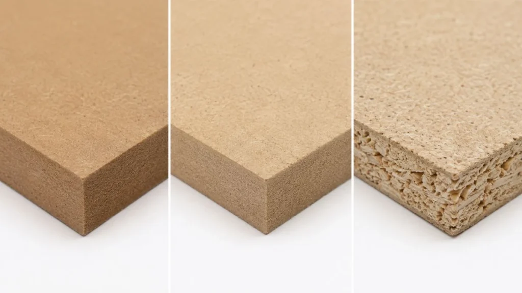 Cross-section comparison of HDF vs MDF vs Particle Board Complete Comparison Guide