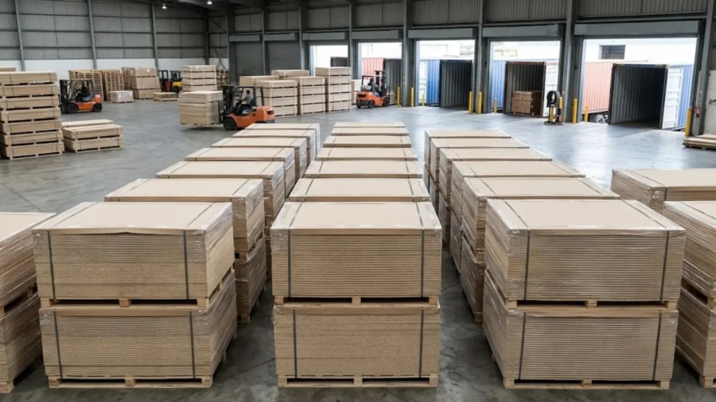 Bulk chipboard and MFC pallets prepared for wholesale container shipment