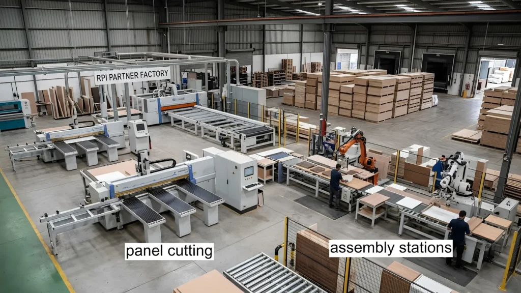 Furniture manufacturing facility using particle board and MFC panel material