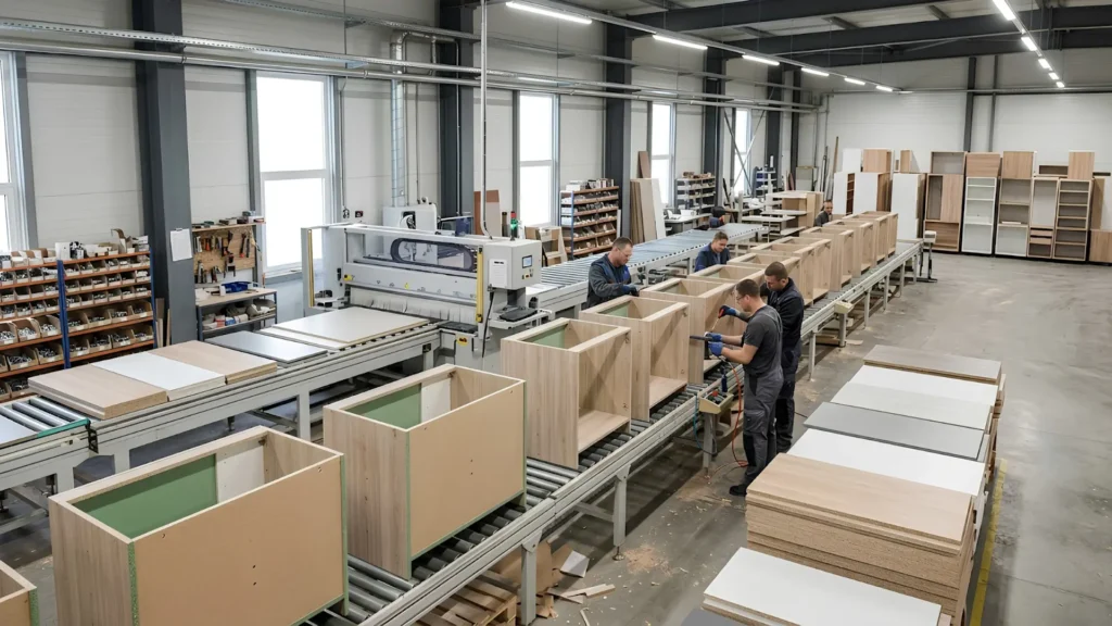 Kitchen cabinet manufacturer production using HMR particle board panels