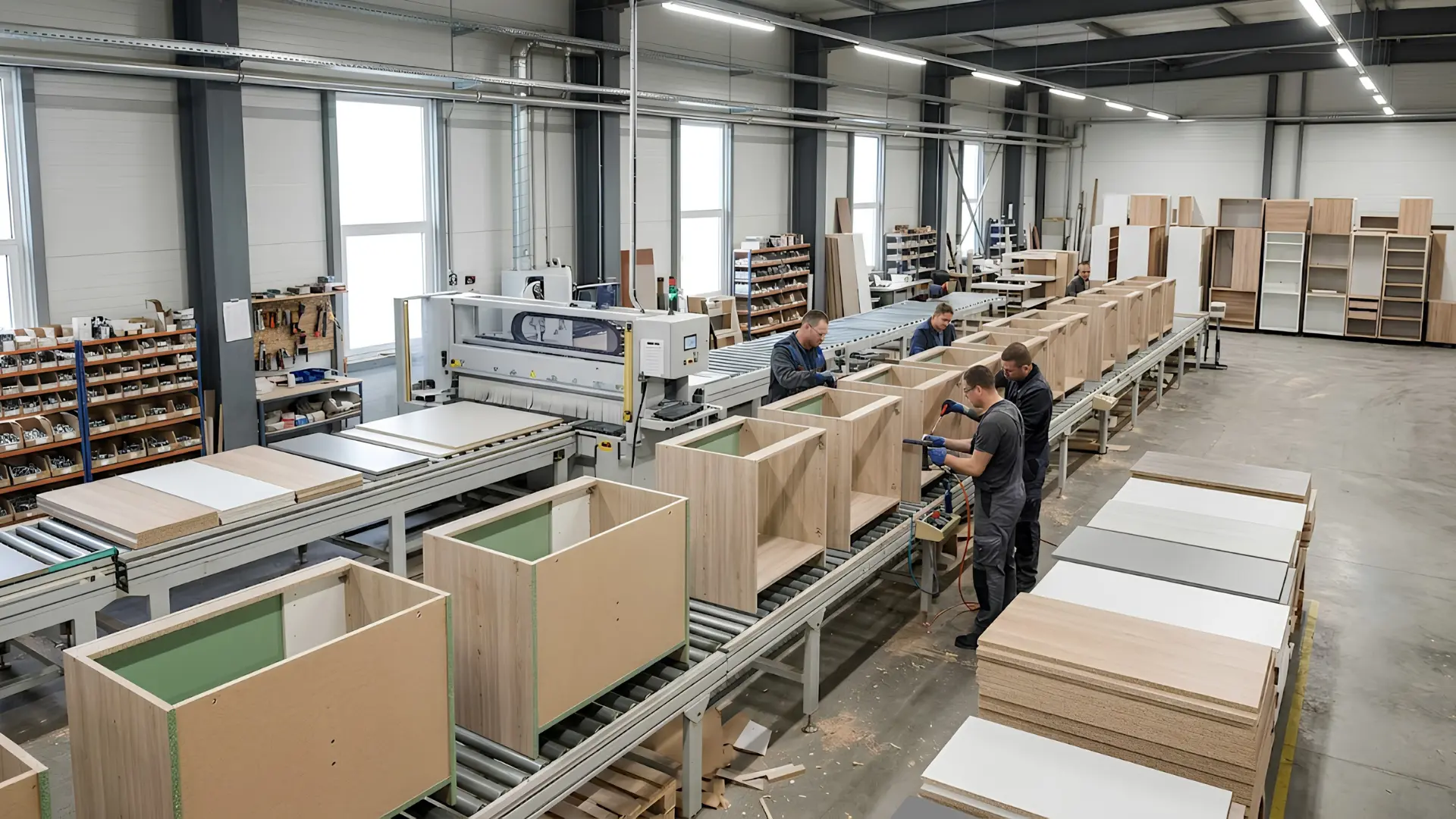 Kitchen cabinet manufacturer production using HMR particle board panels