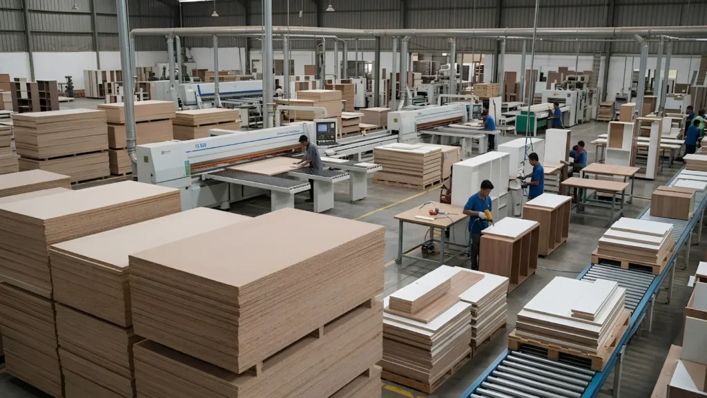 Furniture manufacturers production line using particle board and MFC panels
