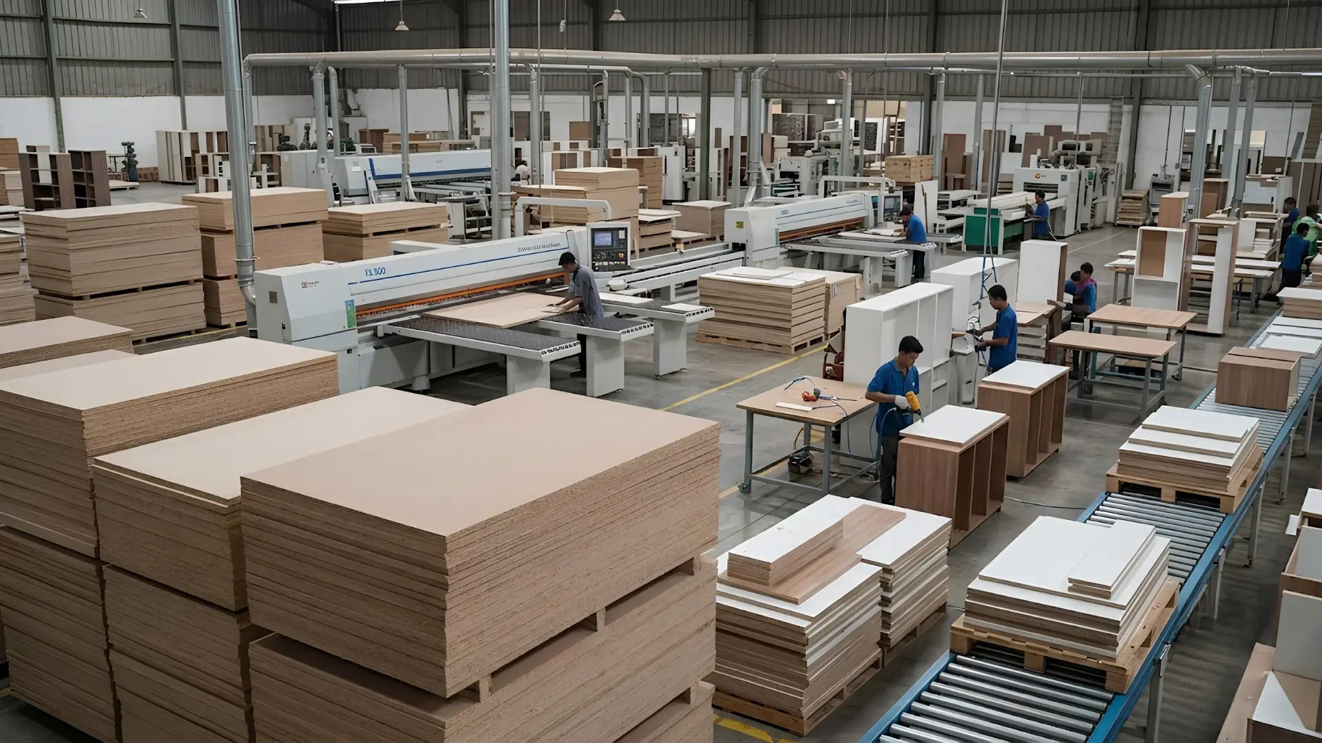 Furniture manufacturers production line using particle board and MFC panels