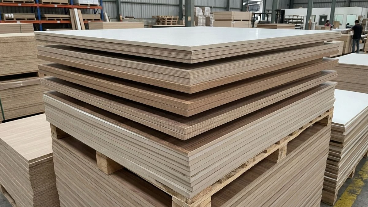 Melamine board sizes and thickness comparison shown in stacked sheets