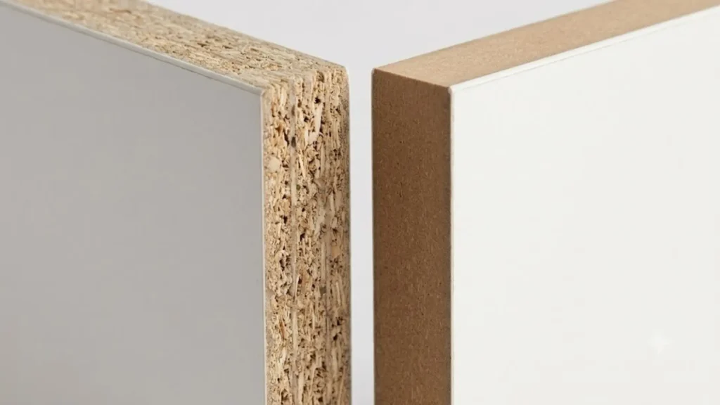 Melamine faced MDF cross-section compared to particle board core