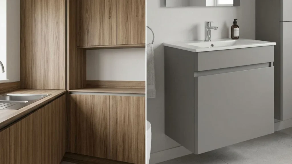 MFC applications in kitchen cabinets and bathroom vanities with HMR core