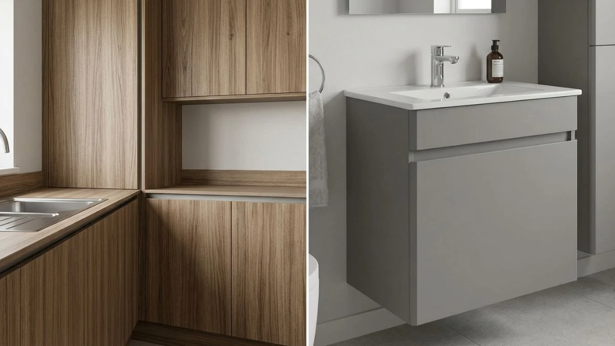 MFC applications in kitchen cabinets and bathroom vanities with HMR core