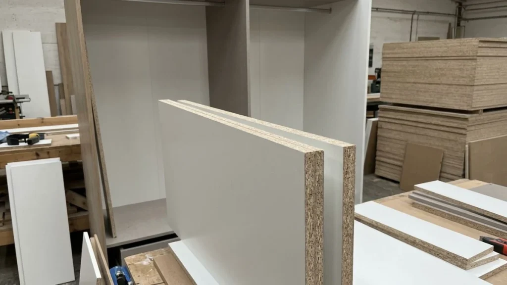 Particle board furniture wardrobe showing melamine faced panel construction