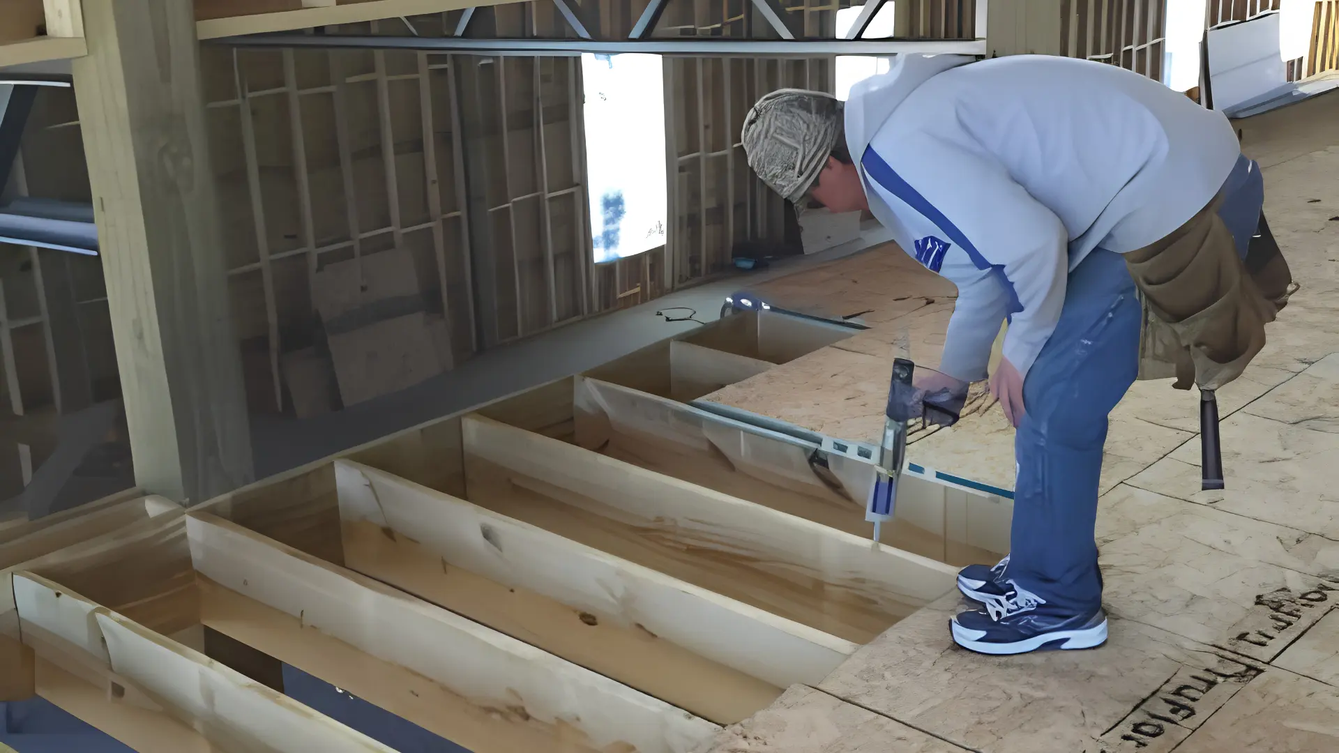 Particle board subfloor installation over floor joists