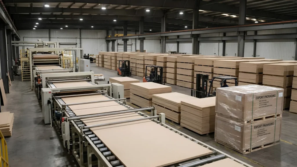 Particle board suppliers production line with stacked export-ready sheets