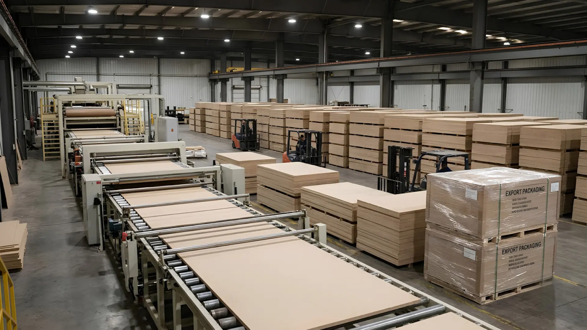 Particle board suppliers production line with stacked export-ready sheets